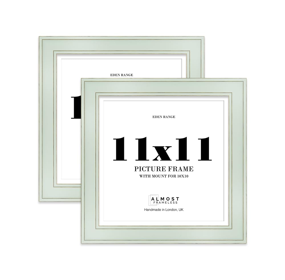 11x11" Sage Green Square Picture Frame with 10x10" Mount - Shabby Chic Photo Frame with Distressed Finish, Gold Trim, Wall Hooks and Kickstand, 37mm Edge - 2 Pack