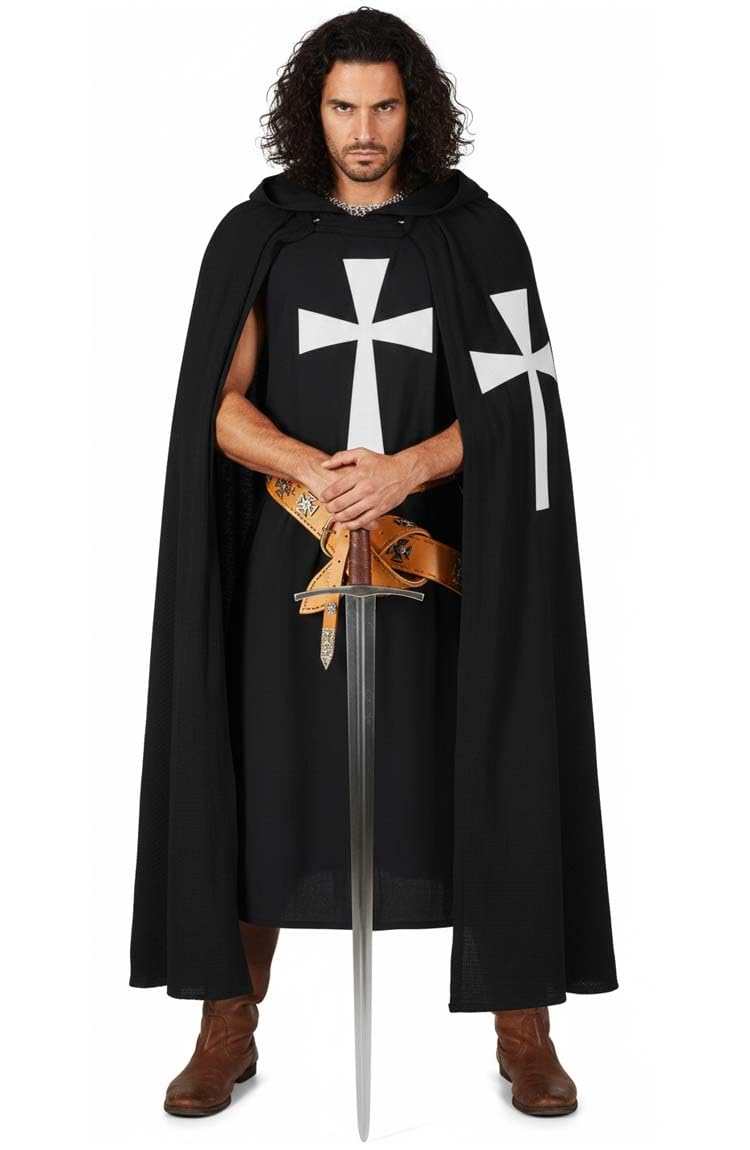 Medieval Knight Templar Crusader Warrior Outfit Hooded Cape Tunic Fantasy Costume Men Adult Halloween Surcoat LARP