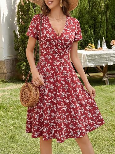 Image of MSBASIC Womens Summer Wrap V Neck Casual Dresses Floral Short Sleeve A-Line Midi Sundress
