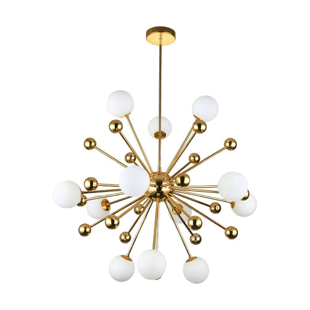 PAZWAHF Large Chandelier for Living Room,Golden Pendant Light of Dandelion, Milky White Spherical Glass Shade,Modern Ceiling Hanging Light for Indoor Bedroom