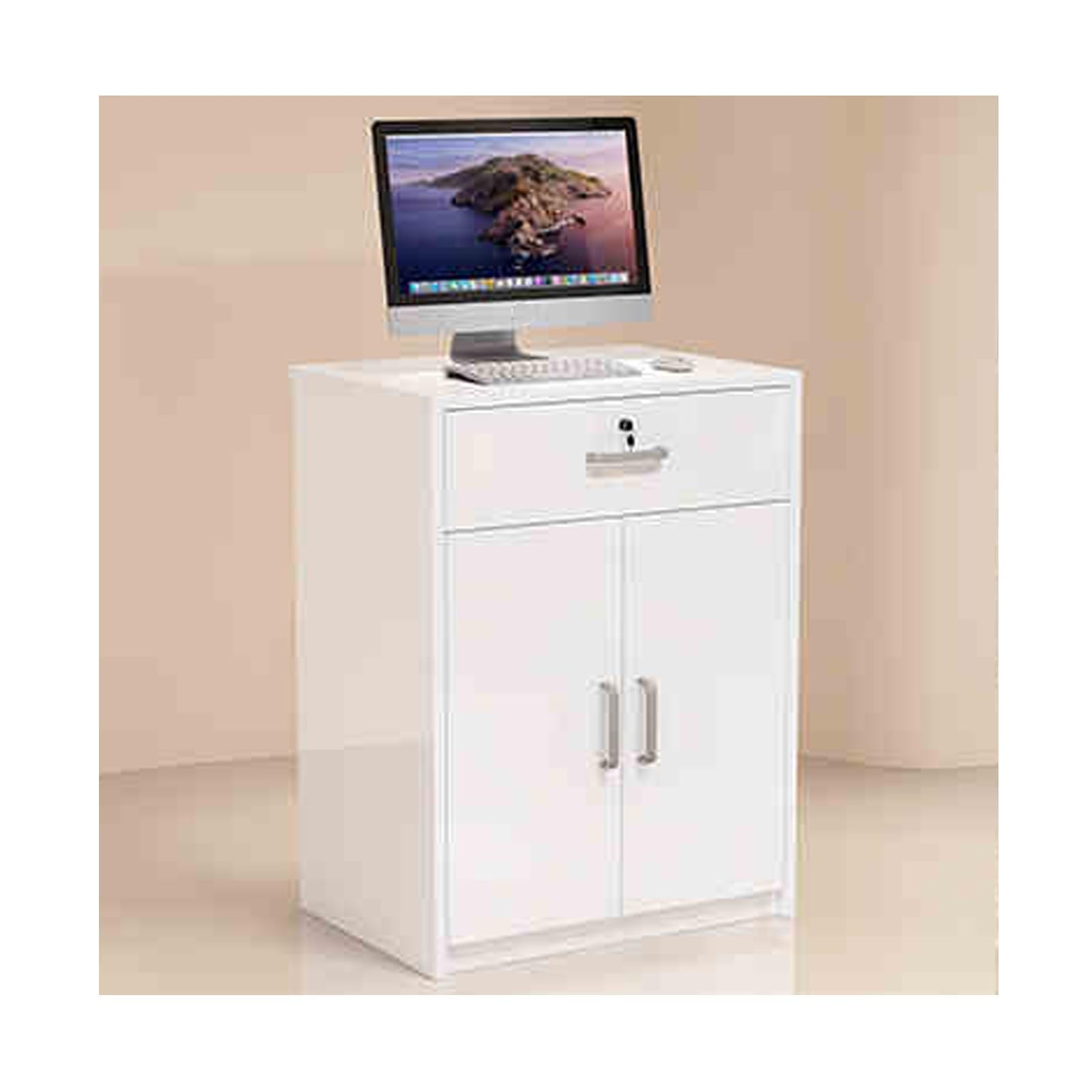 L-Shaped Cashier Desk with Lockable Drawer - Modern Reception Checkout Counter with Versatile Storage, 60cm/23.6in, Perfect for Offices & Retail Spaces (White)