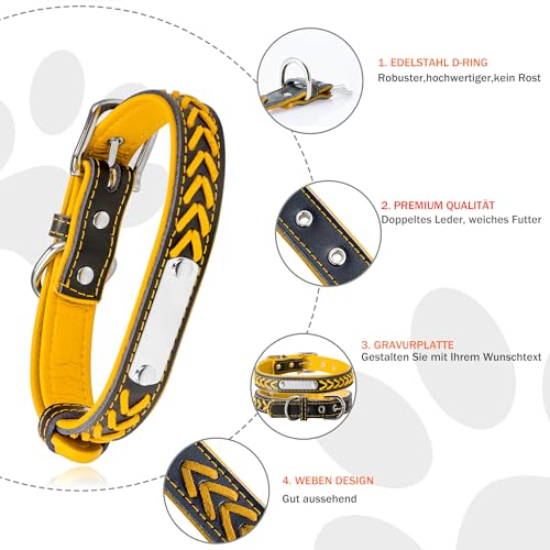 Geflochtenes Hundehalsband aus Leder Personalisierte Leder Hundehalsband mit Namen Gravur Gelb Halsband mit Namenschild für großen Hund Hundehalsbänder L