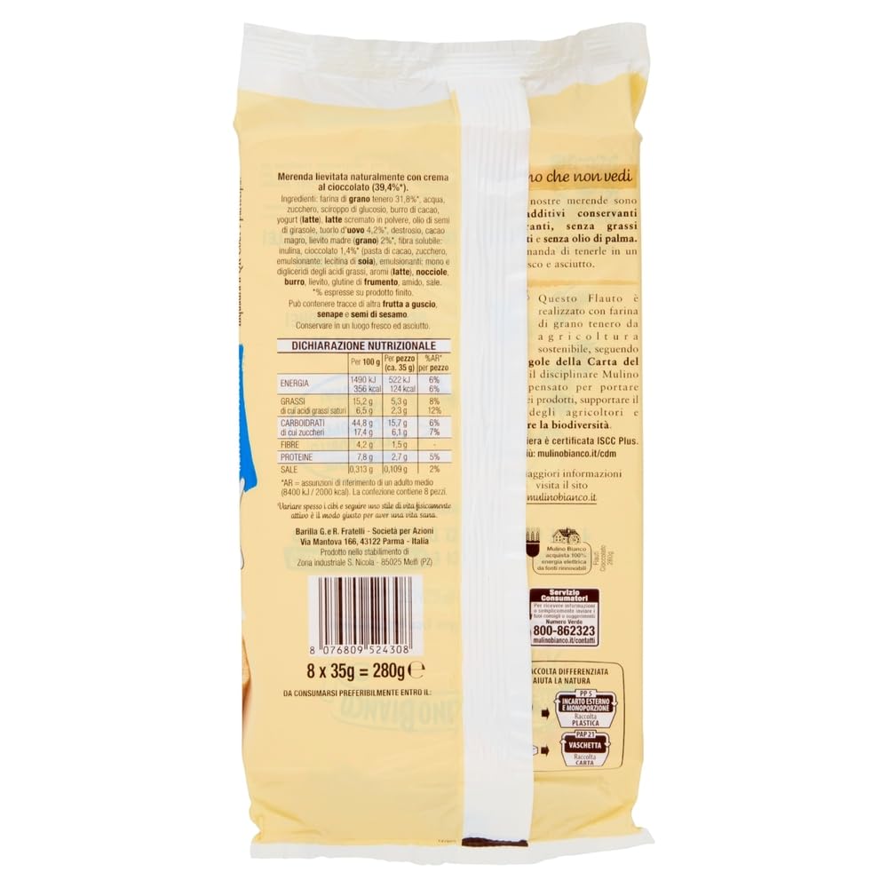 4x Mulino Bianco Flauti Cioccolato, Snacks mit Schokolade, kuchen süßer Snack für zwischendurch (Jede Packung enthält 8 Snack) 280g + Beni Culinari Kostenloser Schlüsselanhänger
