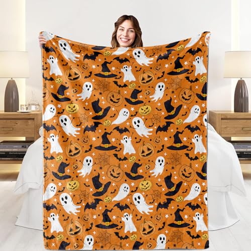 Image of Halloween Blanket for Kids, Orange Pumpkin Ghosts Fleece Throw Blanket for Halloween Decor, Soft Cozy Plush Fall Blanket for Toddlers, Fall Gifts for Boys Girls Toddlers Birthday, 40x60 Inches