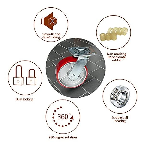 Nisorpa Juego de 4 ruedas giratorias de 12,7 cm, ruedas giratorias de metal de poliuretano con frenos y ruedas fijas de hierro fundido para remolques industriales, muebles