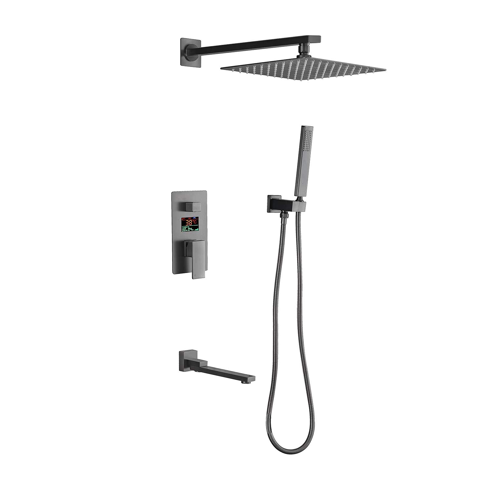 Set doccia con display digitale, montaggio a parete, set doccia con soffione doccia, doccetta, beccuccio per vasca da bagno, scatola integrata, grigio, 20,3 cm