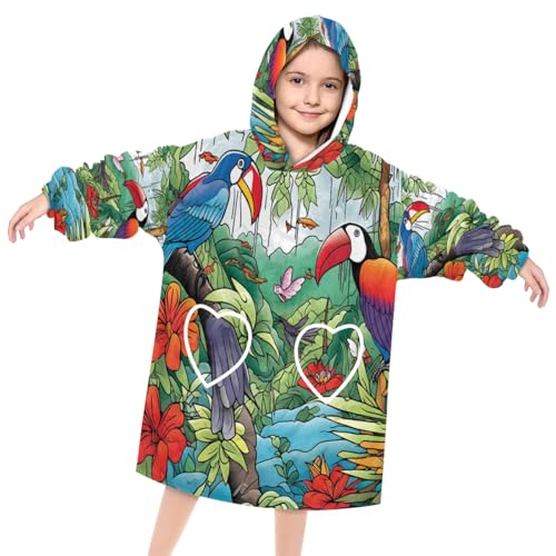 Kids Blanket Hoodie Summer Toucan Leaf Wearable Blanket Hoodie Oversized Hooded Blanket, Sweatshirt Blanket with Pockets Soft Warm Kids Hooded Blanket for Girls, Boys