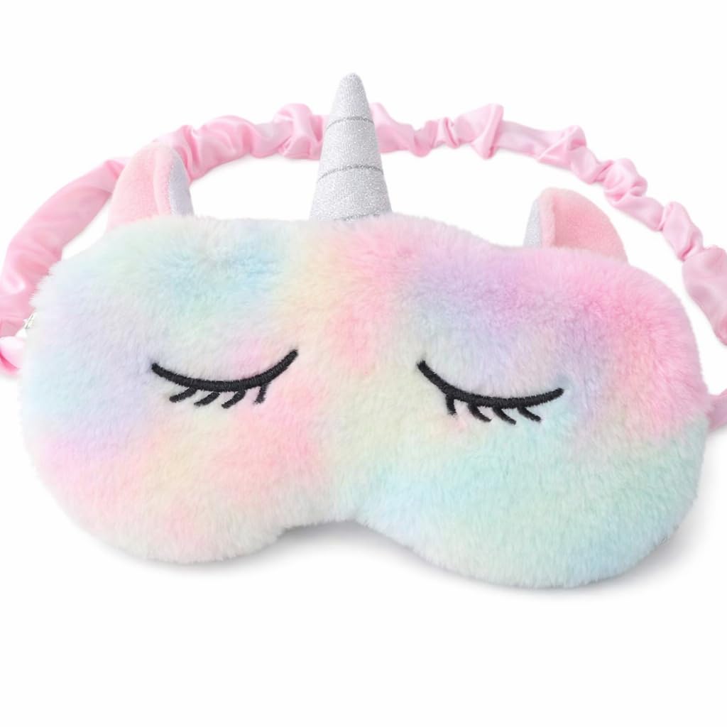 Blackout Sleep Masks, Cute Unicorn Plush Eye Mask for Women & Girls Kids, Soft Eye Mask for Sleeping with Adjustable Strap, Comfortable Sleep Mask for Travel, Nap, Night (Rainbow)