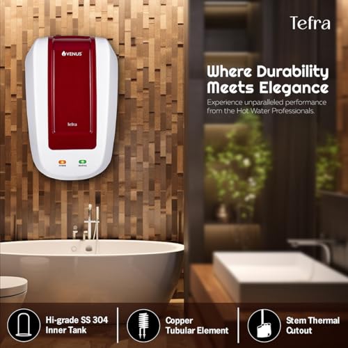 Image of Venus Tefra 5T30 5 Litre Instant Water Heater(Wine Red)| 100% Copper Element, 3000 Watts | Geyser for Bathroom and Kitchen| 5 Year Inner tank warranty | Fast Heating | Compact & Durable, Auto Shut-Off