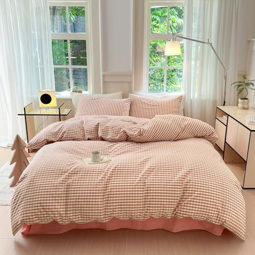 Image of LifeTB Pink Gingham Comforter Set Queen Modern Style Blush Grid Comforter Set 3 Pieces Vintage Plaid Checkered Comforter with 2 Pillowcases Fluffy Soft Farmhouse Gingham Bedding Set Queen Size