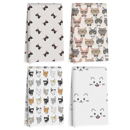 4 Pcs Cute Cat Kitchen Towels Cats Decorative Absorbent Microfiber Dish Cloth Tea Towel Durable Waffle Hand Towels for Farmhouse Home Bathroom Cat Lover Gifts for Women Mam