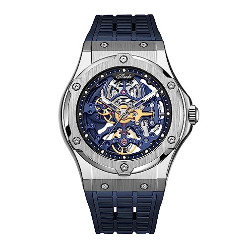 HAOFA 腕時計メンズ スケルトン 機械式自動巻き パワーリザーブ 80時間 中空の文字盤 夜光 防水 紳士 うで時計 男性プレゼント (シルバー)