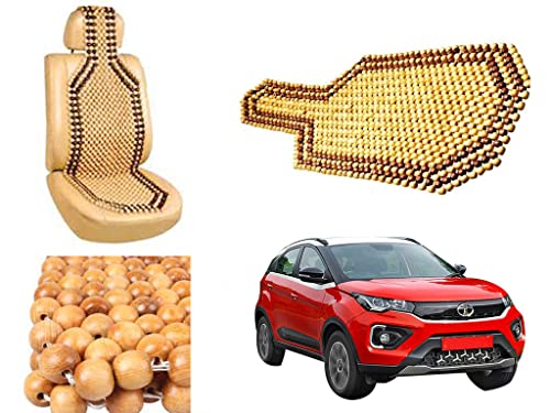 Image of Car Bead Seat Wooden Beads Cushion Cover Pad for Tata Nexon 2020, Acupressure Sitting Seat Cover | Cream Color - Pack of 1