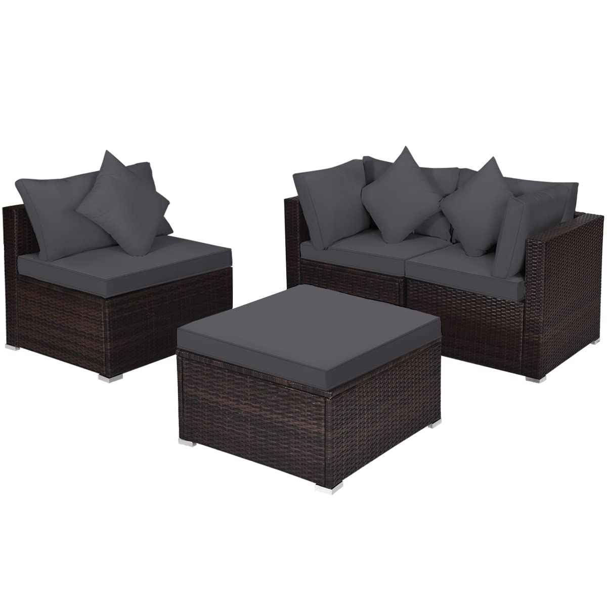 COSTWAY 4-Piece Garden Rattan Furniture Set, Patio Conversation Set with Cushions, Pillows and Ottoman/Coffee Table, All-Weather Outdoor Wicker Sectional Sofa Set for Balcony Lawn Poolside (Grey)