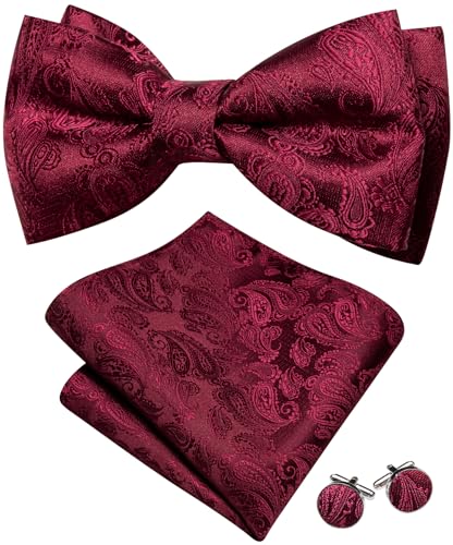 Image of Barry.Wang Paisley Striped Bow Tie for Men Silk Pre-Tied Bowtie Pocket Square Cufflinks Set Formal Wedding Party Prom