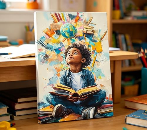 Image of Black Boy Reading Canvas Wall Art Inspirational Books For African American Boys Painting Picture Wall Decor African Boy Poster Print Artwork for Teenagers' Living Room Study Home Decoration 12x16in