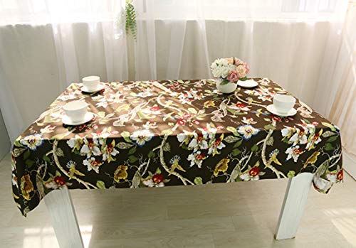 Nappe lin coton oiseaux et fleurs café 140x180cm pour table rectangulaire moderne