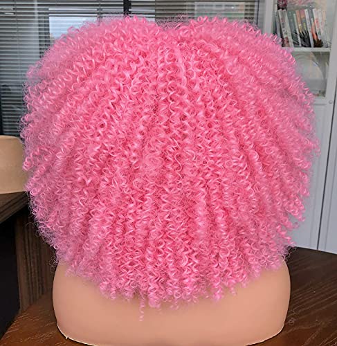 Curlcrazy Curly Wig With Bangs For Black Women Short Kinky Curly Wig 14Inch Afro Hair Halloween Party Christmas Cosplay Wigs (Pink) #TOP4