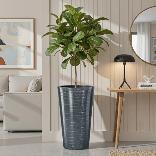 Image of Kuber Industries Rotomould Big Size Planter 23 Inch | Outdoor Indoor Flower Pot with Drain Hole for Balcony, Terrace, Garden, Office | Rib Tower - Grey