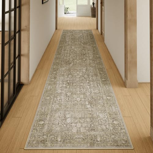Brown Runner Rug 2x6 Hallway Machine Washable Kitchen Vintage Distressed Non Slip Long Carpet Indoor Retro Floral Bedroom Accent Throw Rug for Bathroom Office Laundry Dining Room