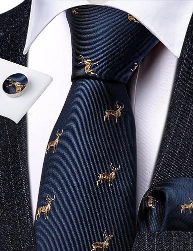 Image of Barry.Wang Fun Animal Ties for Men Designer Handkerchief Cufflink WOVEN Casual Necktie Set Festival