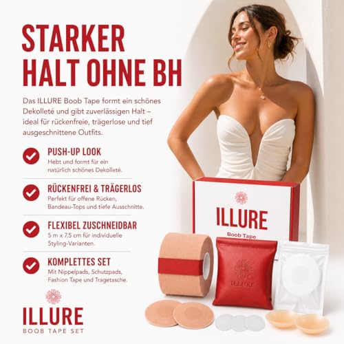 ILLURE® Premium Boob Tape | Klebe BH Push Up | Brust Tape & Bruststraffungsband 5m x 7,5cm | Breast Tape & Boobietape für rückenfreie Kleider | Silikon Nippelpads, Nippel Cover & Fashion Tape | Nude