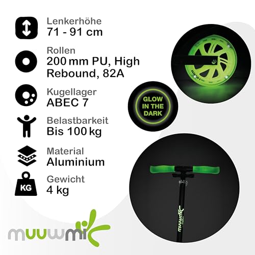 Muuwmi Lights Aluminium Scooter Glow - 200 mm R&auml;der - ABEC 7 Lager - H&ouml;henverstellbarer Lenker - Geeignet f&uuml;r Kinder - GS-Zertifiziert - Bis zu 100 kg - mit Leuchtrollen - Tretroller in gr&uuml;n-schwarz