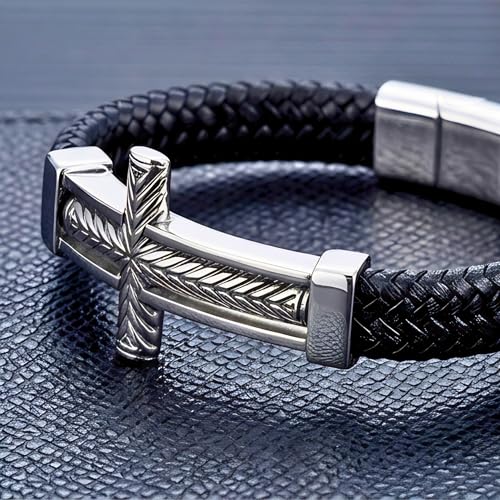 Image of THE MEN THING Leather Bracelet for Men - American Style Genuine Leather Multi-Layer Braided Bracelet with 100% Stainless Steel Magnetic Buckle for Men & Boys (8 inch)