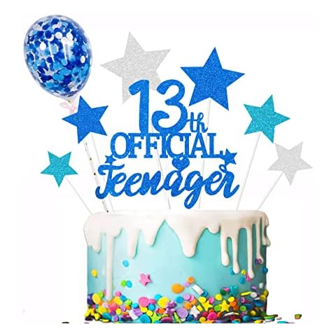 Elicola Glittery Blue 13 Official Teenager Cake Topper Boys and Girls 13th Birthday Party Supplies Thirteen Years Old Birthday Party Decor Cover