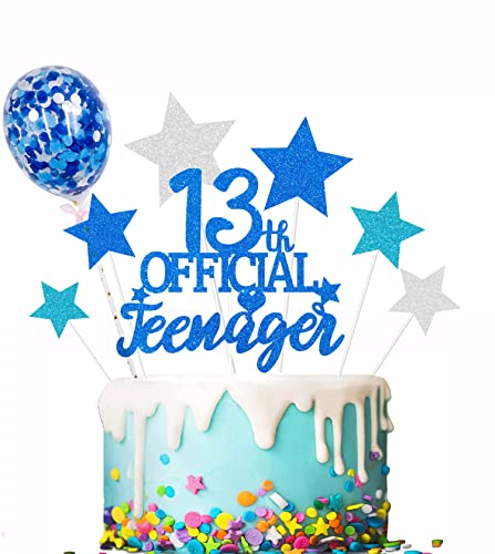 Elicola Glittery Blue 13 Official Teenager Cake Topper Boys and Girls 13th Birthday Party Supplies Thirteen Years Old Birthday Party Decor
