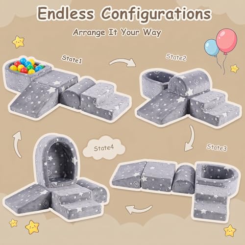 Image of Tiita Baby Climbing Blocks 5-Piece with Small Ball Pit | Foam Climbing Blocks for Toddlers, Glow-in-the-Dark Soft Play Climber with Washable Cover, Grey Star