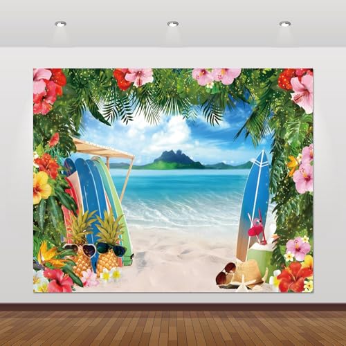Beach Backdrop 10x8ft Summer Tropical Beach Hawaiian Party Banner Surfboard Sea Ocean Seaside Island Palm Leaves Background Luau Hawaii Aloha Party Decoration Supplies