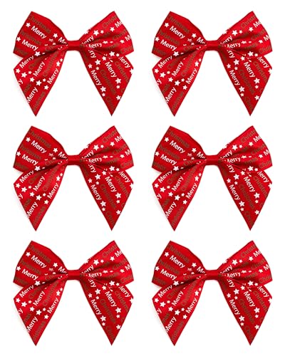 Italian Options Merry Christmas Ribbon Bows, Self-Adhesive Satin Christmas Bow Decorations for Gift Wrapping, Crafts, Wreaths, Crafting Accessories Supplies, Red Satin, 6 Pack, 10 cm