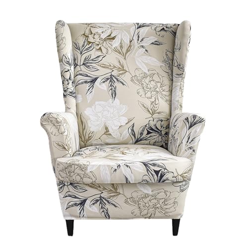 EBETA Ohrensesselberzug 2-Teilig Sesselüberwürfe Sesselhussen, Elastisch Sofa Armlehnenbezüge Schonbezug Hussen für Lesesessel, Relaxsessel mit Sitzbezug (Blumen)