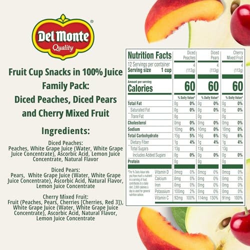 Del Monte Fruit Cup Snacks Variety Pack in 100% Juice, 4 oz Cups (12 Pack) Diced Peaches, Diced Pears, Cherry Mixed Fruit