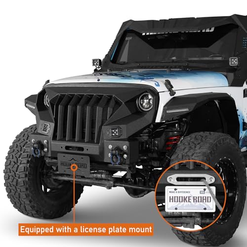 Image of Hooke Road JK Mad Max Front Bumper Grill for 2007-2018 Jeep Wrangler JK & Unlimited 2 /4 Doors, Rock Crawler Offroad Bumper with Winch Plate, LED Lights