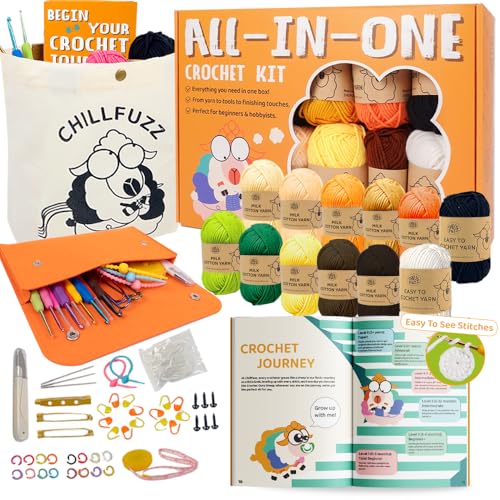 Image of ChillFuzz Crochet Kit for Beginners 85 Piece Complete Crochet Set with Yarn, Hooks, Pattern Book – Beginner Crochet Kit for Adults & Kids with Tutorials, Great Christmas Gift for Craft Lovers Yellow
