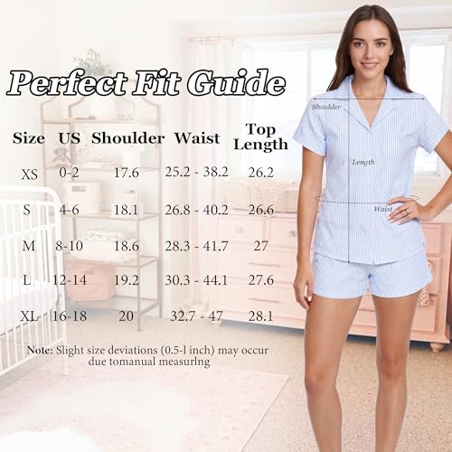 Image of Womens Striped Pajama Set Cute Pjs Sleepwear Short Sleeve Shirt and Shorts Set Blue L