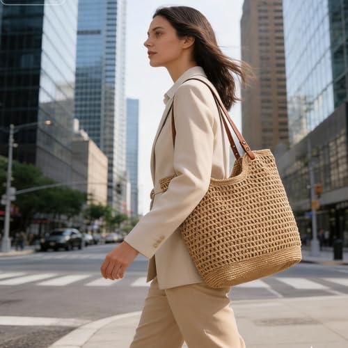 Bolso Hobo Multifuncional de Paja para Verano con Asas de Cuero miniatura 5