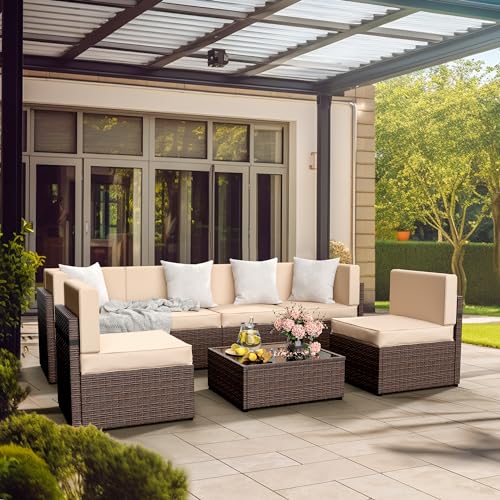 Pamapic 7 Piece Modular Outdoor Sectional, UV Protection Rattan Patio Sectional with Coffee Table, Adjustable Outdoor Couch with Removable Waterproof Cushions Covers(Brown Sugar)