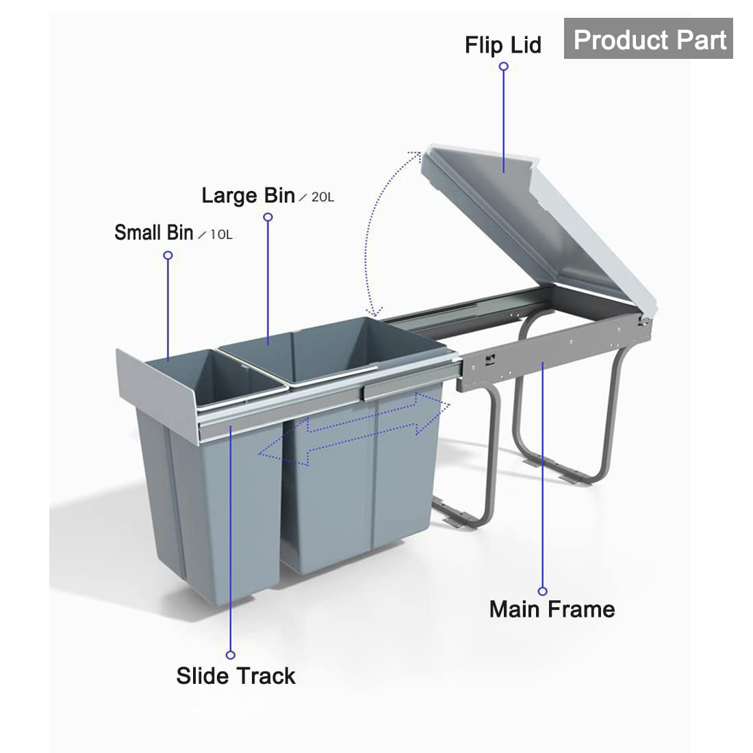 Nisorpa Ausziehbarer Küchen-Mülleimer, 20 l + 10 l, Recycling, Küchenschrank, Mülleimer, Abfalleimer, geschlossener Mülleimer mit zwei Fächern für Müll, Müllsortierung, 480 x 260 x 418 mm, Grau