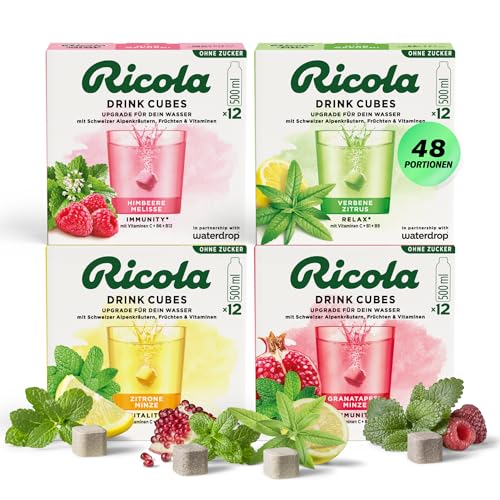 waterdrop x Ricola 48 Waterdrop Würfel mit Alpenkräutern & Früchten - Himbeere Melisse Zitrone Minze Granatapfel Minze & Zitrone Verbene Wassergeschmack ohne Zucker mit Vitaminen C B3 B12