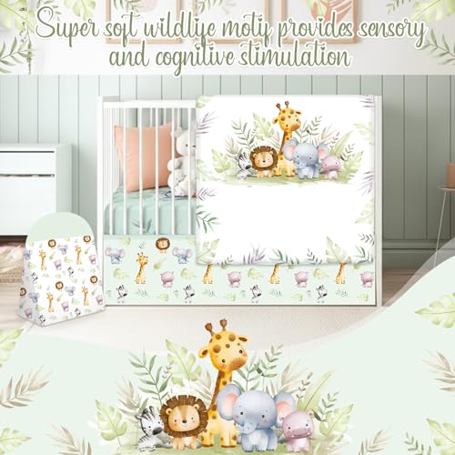Image of Hahafelt 4 Pieces Baby Crib Bedding Set for Girls and Boys, Soft Baby Bedding Set Including Crib Skirt, Comforter, Sheet and Diaper Stacker for Nursery (Wildlife Theme)