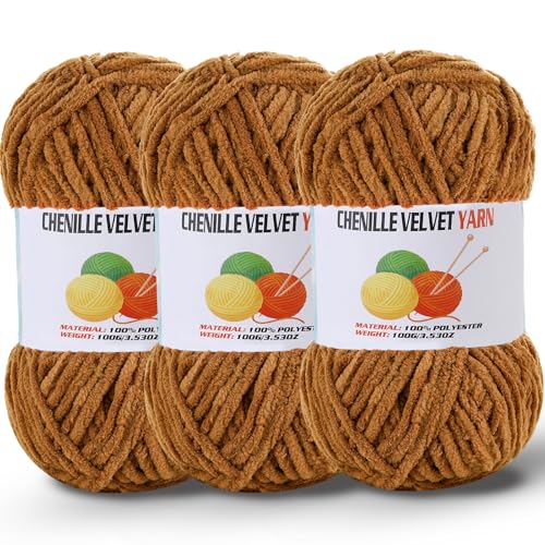 Image of 3 * 100g /3.5oz Fluffy Chenille Yarn for Crocheting, Chunky Velvet Yarn for Crochet Amigurumi, Used for Making Baby Yarns Blanket, Clothes, Pattern Knitting Creations (Coffee)
