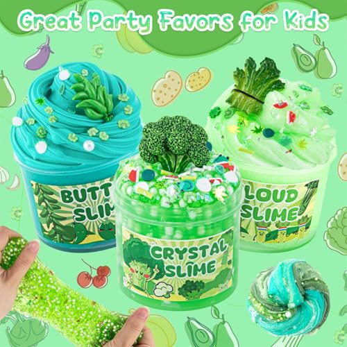 Image of 6 Packs Gradient Green Slime Kit - Cloud Butter Clear Slime, Crunchy Slimes for Kids with Various Slime Add-ins, Non Sticky Slimes Party Favors for Girls and Boys