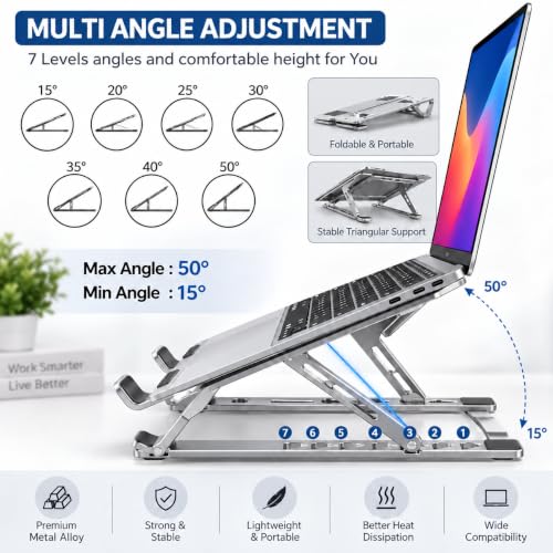 Image of Adjustable Metal Laptop Stand, 6-Level Foldable Ergonomic Riser, Silver
