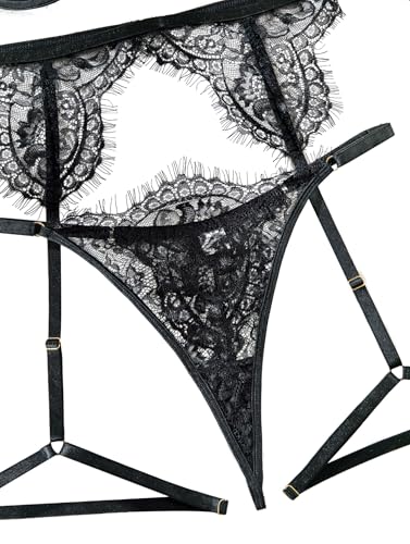 Image of Lilosy Sexy Choker Floral Lace Scallop Sheer Underwire Push Up Garter Belt Lingerie Set 3 Piece