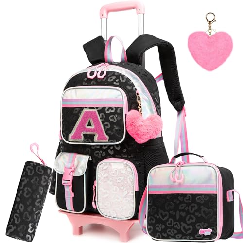 Image of Meetbelify Backpack with Wheels for Girls Black Rolling Letter Backpack Cute Carry on Backpack Kids Luggage with Lunch Box Pencil Case for Elementary Student