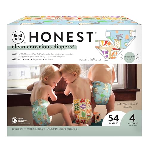 Image of The Honest Company Comfort Dry Disposable Diapers for Sensitive Skin, Hypoallergenic, Fragrance-Free, Spring '25 Seasonal Prints, Club Box, Size 4 (22-37 lbs), 54 Count