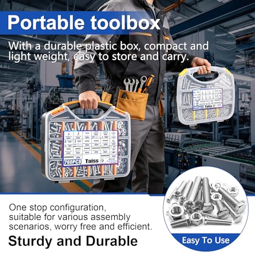 Image of Taiss Nuts and Bolts Assortment Kit SAE & Metric Phillips Head Bolts Kit 780PCS +1491PCS,and 760PCS SAE Hex Bolts Set with Nuts & Washers,304 Stainless Steel /Carbon Steel Hardware Assortment Kit
